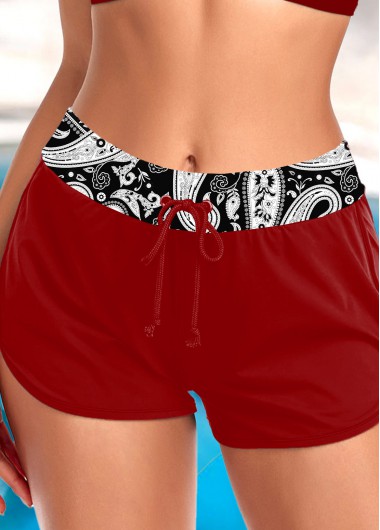 High Waisted Red Paisley Print Swim Shorts