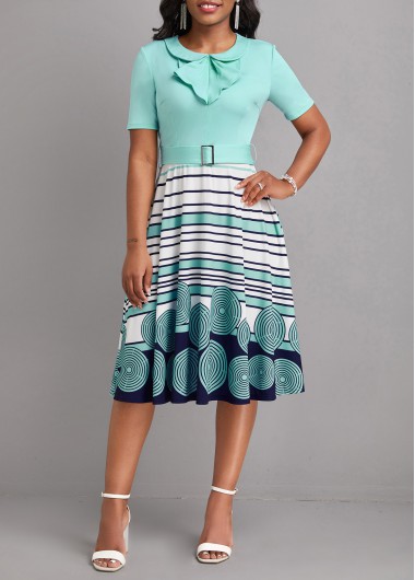 Striped Frill Belted Cyan Peter Pan Collar Dress