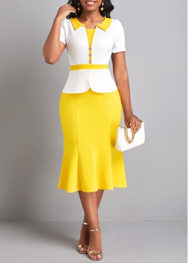Fake 2in1 Yellow Shirt Collar Bodycon Dress