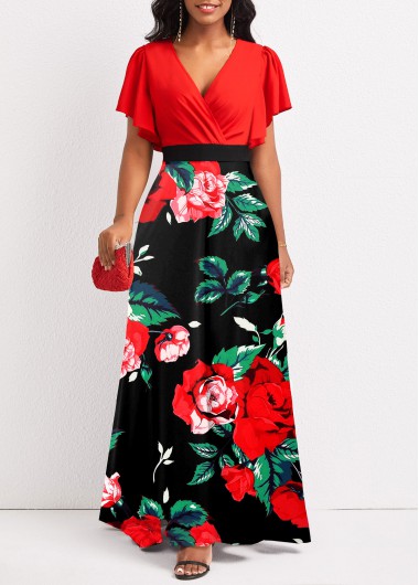 Floral Print Patchwork Red V Neck Maxi Dress