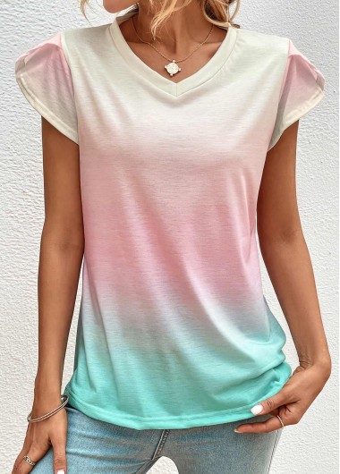 Ombre Light Pink V Neck T Shirt