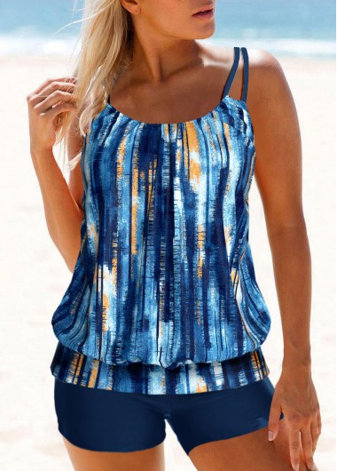 Geometric Print Circular Ring Blue Tankini Top