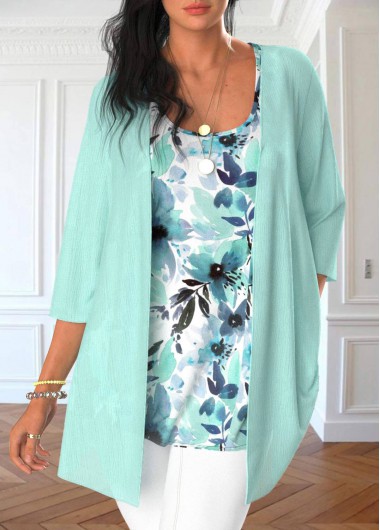 Floral Print Mint Green Tank Top and Cardigan