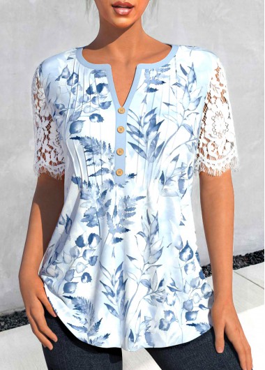 Floral Print Lace Light Blue Split Neck Blouse
