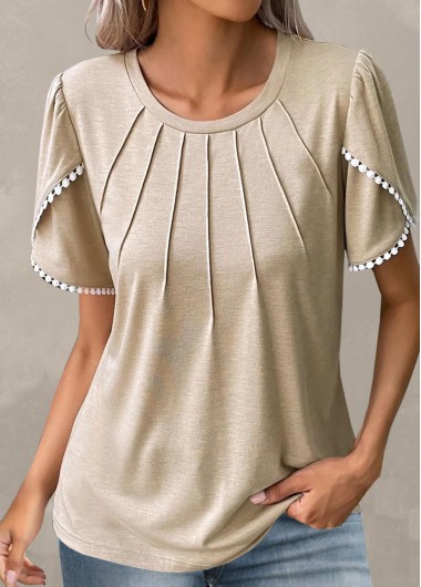 Patchwork Light Camel Round Neck T Shirt