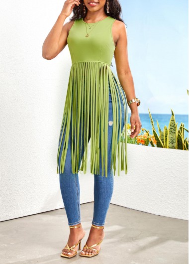 Round Neck Tassel Avocado Green Sleeveless T Shirt