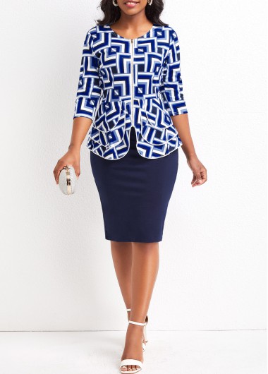 Round Neck Geometric Print Blue Top and Bodycon Skirt