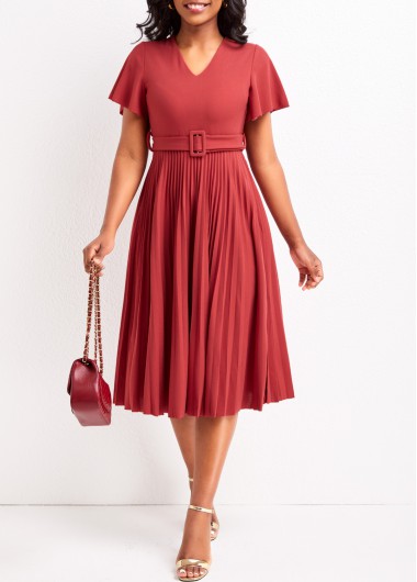 Pleated Belted Coral V Neck Short Sleeve Dress