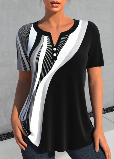ROTITA Button Geometric Print Black Split Neck Blouse