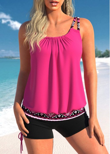 Tribal Print Patchwork Hot Pink Tankini Top