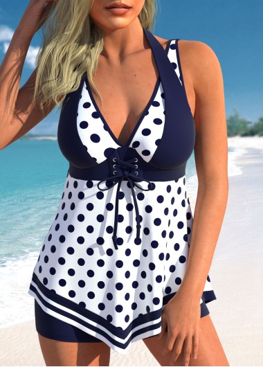 Polka Dot Lace Up Navy Swimdress Top