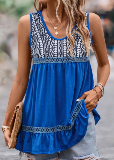 Tribal Print Patchwork Royal Blue Tank Top