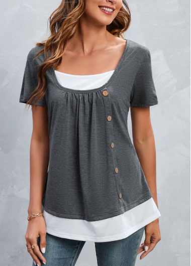 Grey Square Neck Short Sleeve Button T Shirt