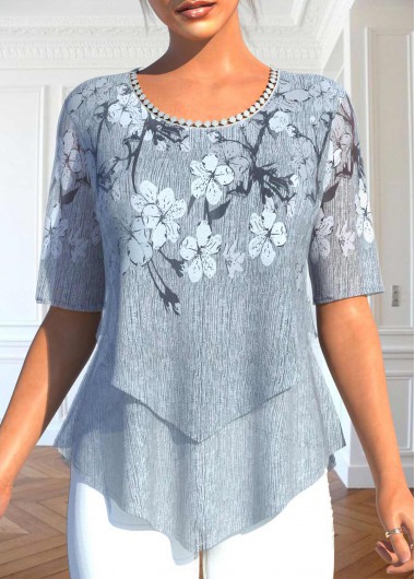 Floral Print Layered Grey Round Neck Blouse