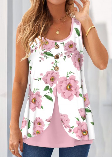 ROTITA Fake 2in1 Floral Print Pink Tank Top