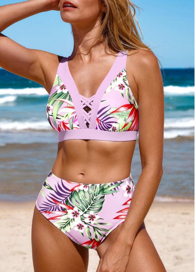 Random Floral Print Criss Cross Bikini Top