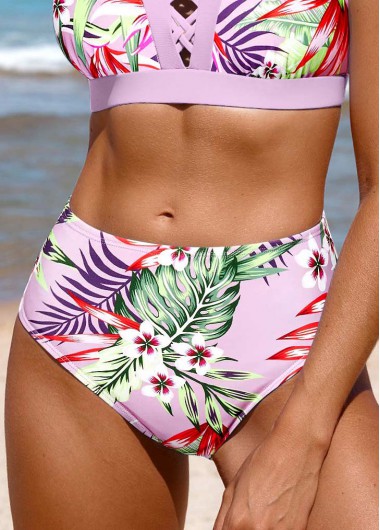 Mid Waisted Light Purple Random Floral Print Bikini Bottom