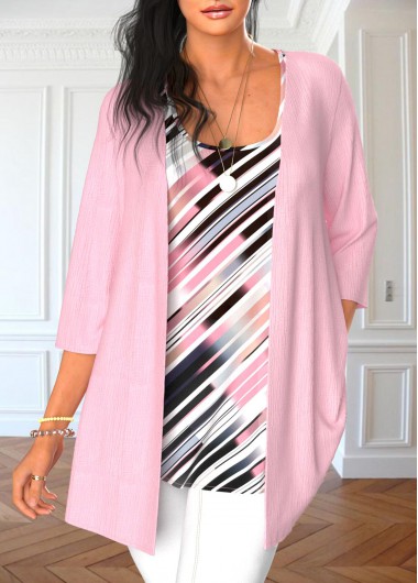 Striped Two Piece Light Pink Tank Top and Cardigan