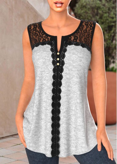 Light Grey Marl Split Neck Lace Tank Top
