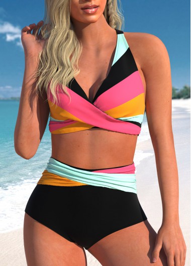 Striped Criss Cross Multi Color Bikini Top
