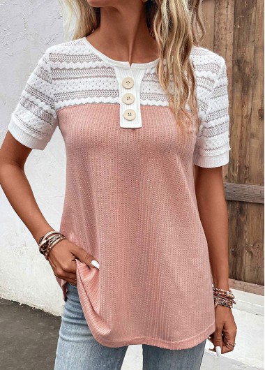 Pink Round Neck Short Sleeve Lace Blouse