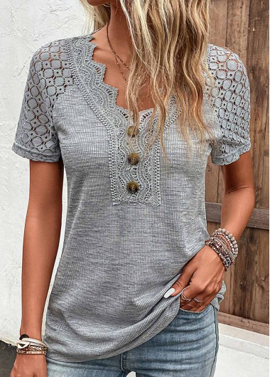 Lace Patchwork Button Grey V Neck T Shirt