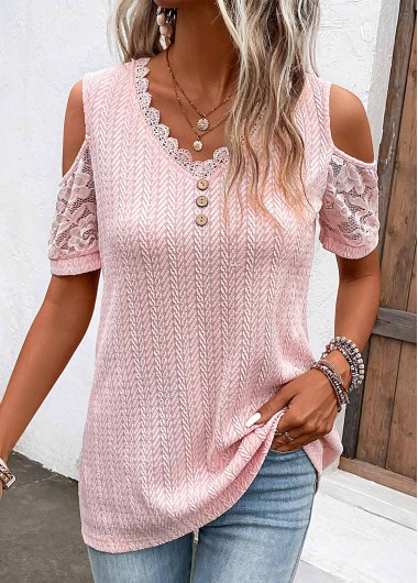Light Pink V Neck Lace T Shirt