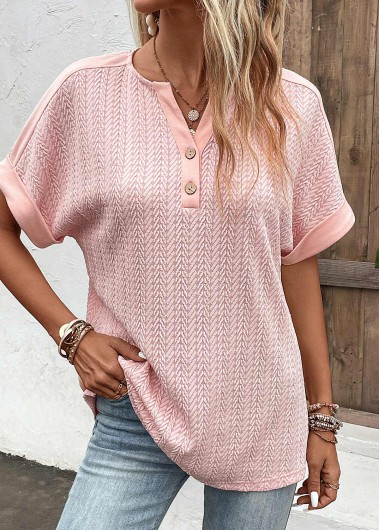 ROTITA Button Dusty Pink Split Neck Short Sleeve Blouse
