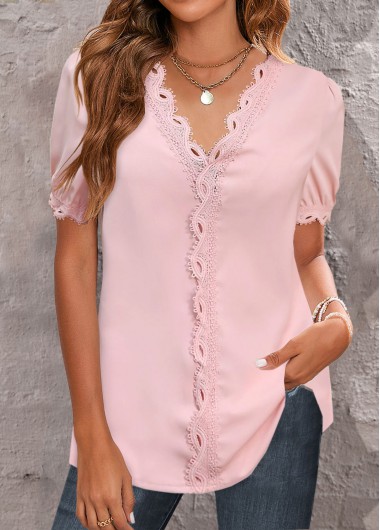 Light Pink V Neck Short Sleeve Lace Blouse