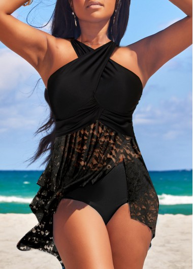 Lace Black Criss Cross Swimdress Top