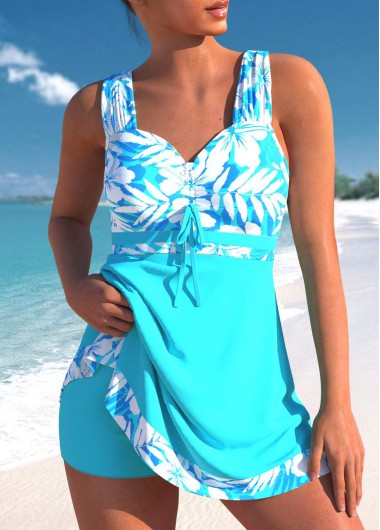 Floral Print Drawstring Cyan Swimdress Top