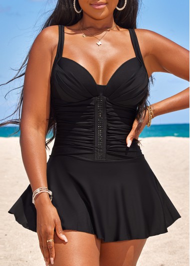 Ruched Black Circular Ring Swimdress Top
