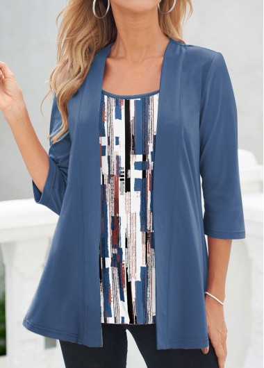 Geometric Print Fake 2in1 Blue T Shirt