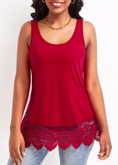 Red Scoop Neck Strappy Lace Tank Top