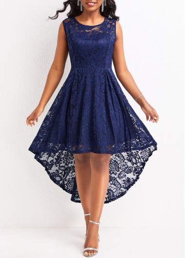 Navy High Low Scoop Neck Sleeveless Lace Dress