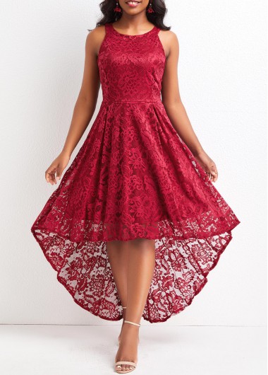 Round Neck Lace Wine Red High Low Dress