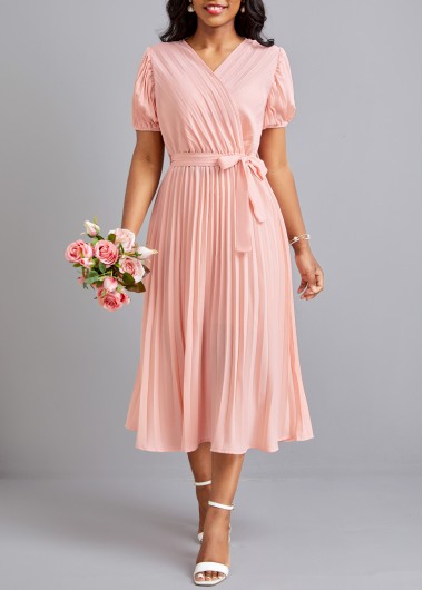 Pleated Belted Light Pink V Neck Dress