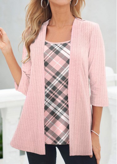 Plus Size Pink Fake 2in1 Plaid T Shirt