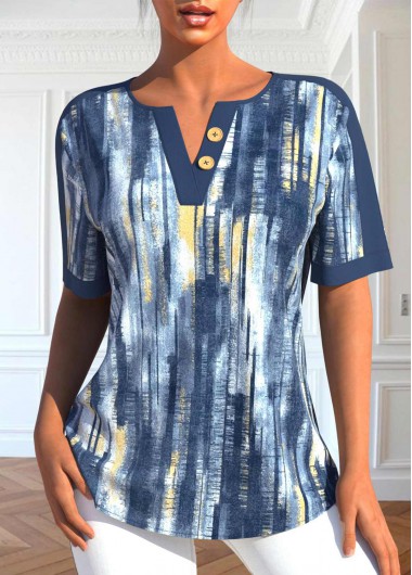 ROTITA Button Ombre Dusty Blue Split Neck Blouse