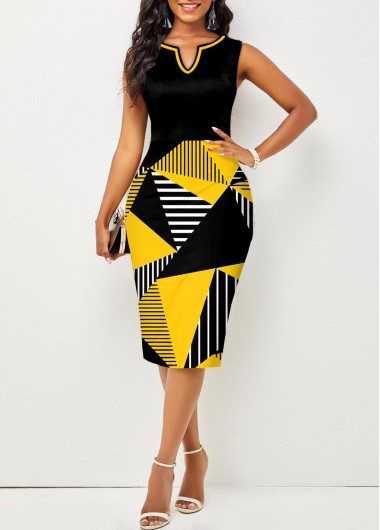 Sleeveless Geometric Print Black Split Neck Bodycon Dress