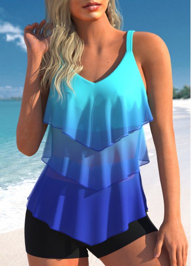 Ombre Layered Hem Mesh Cyan Tankini Top
