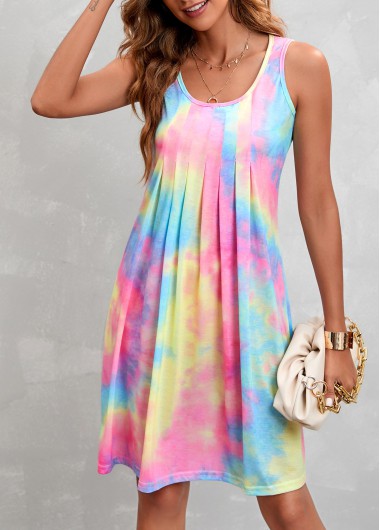 Ombre Pleated Multi Color Short A Line Dress