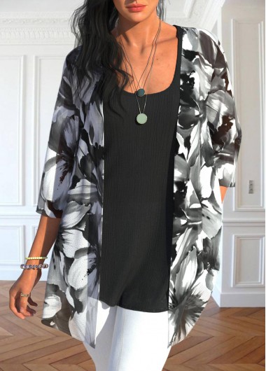 Floral Print Two Piece Black Tank Top and Cardigan
