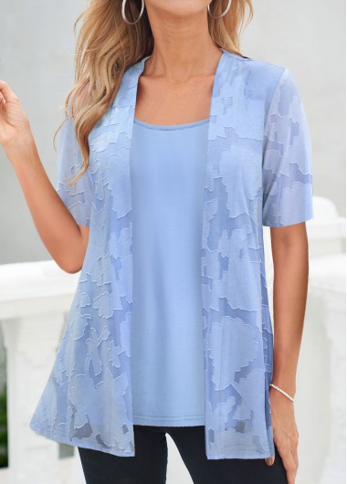 Fake 2in1 Square Neck Short Sleeve Blue Blouse