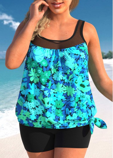 Cyan Plus Size Floral Print Tankini Top