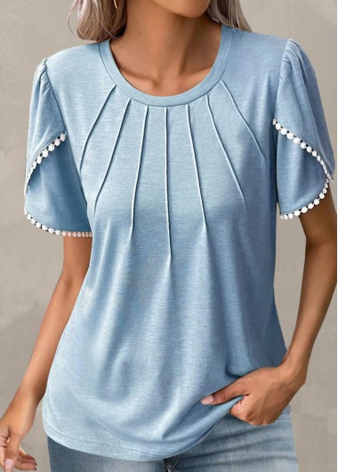 Patchwork Light Blue Round Neck T Shirt