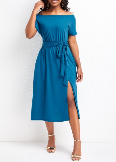 Split Sky Blue Off Shoulder Short Sleeve Dress