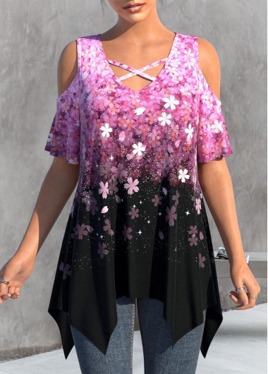 ROTITA Handkerchief Hem Floral Print Hot Pink T Shirt