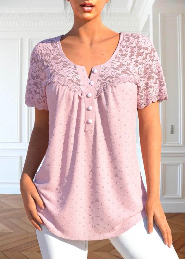 Light Pink Round Neck Short Sleeve Patchwork Blouse