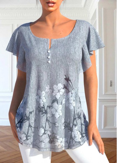 ROTITA Button Floral Print Grey Scoop Neck T Shirt